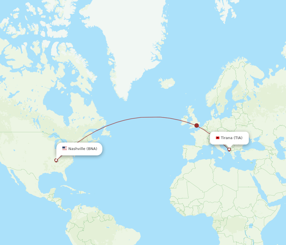 Tirana - Nashville route map and flight paths