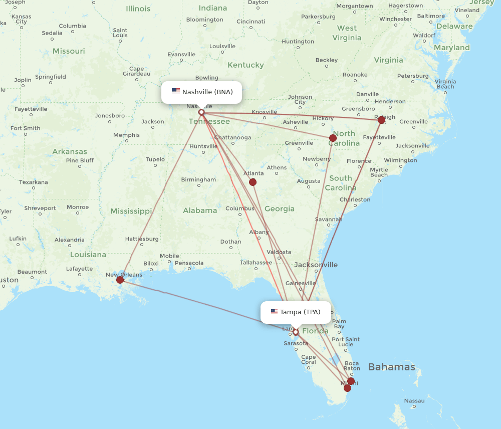 BNA to TPA flights and routes map