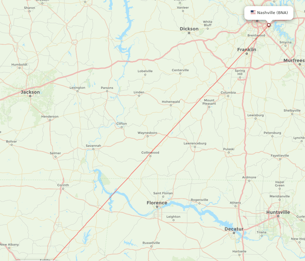 Nashville - Tupelo route map and flight paths