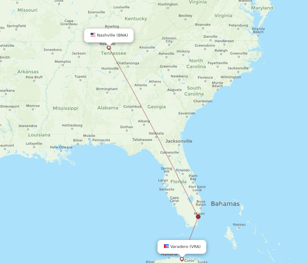 Nashville - Varadero route map and flight paths