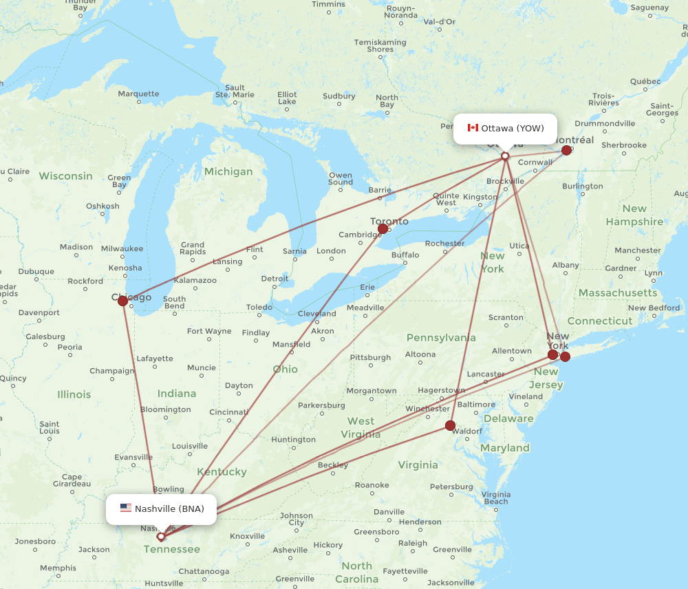 BNA-YOW flight routes