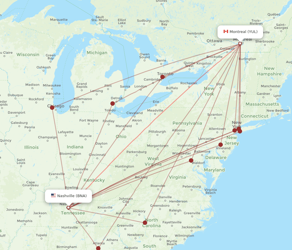 BNA-YUL flight routes