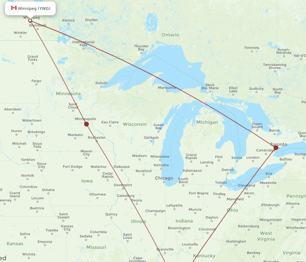 Winnipeg - Nashville route map and flight paths