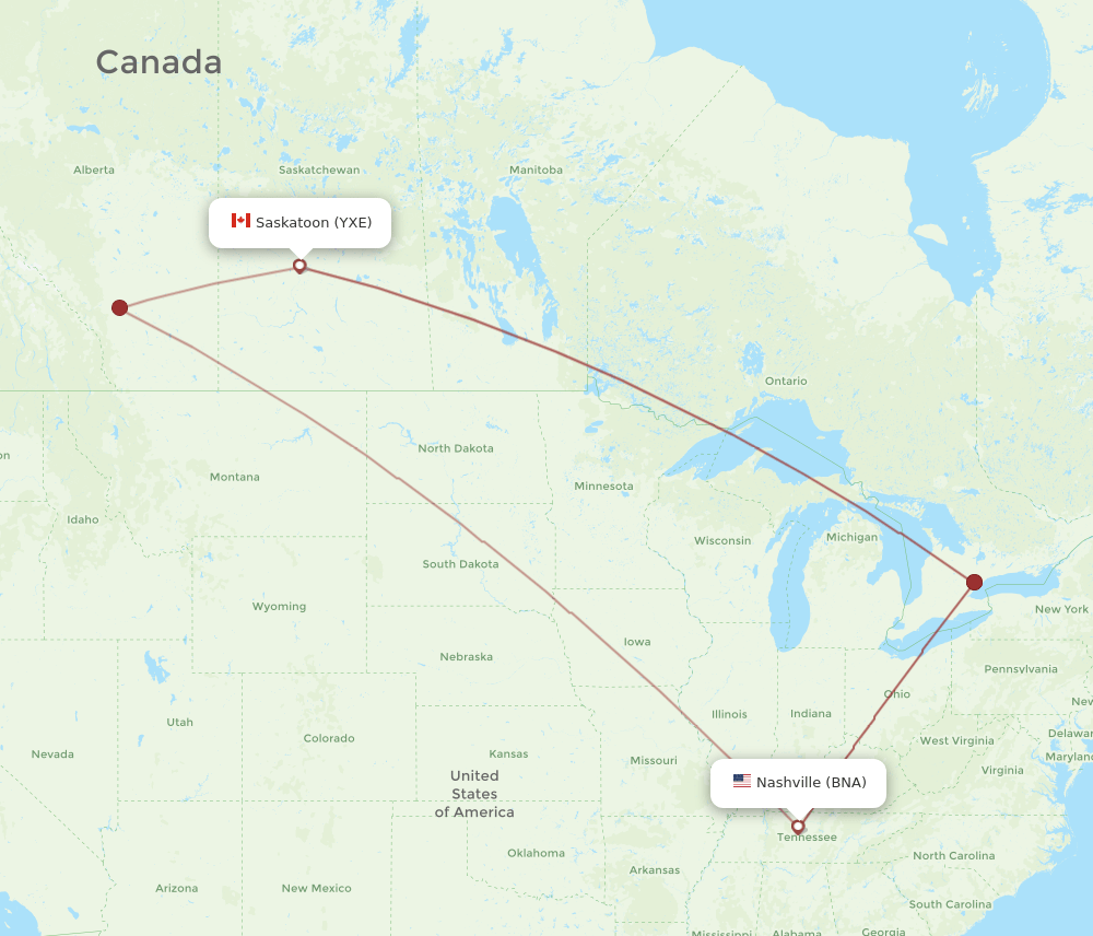 BNA to YXE flights and routes map