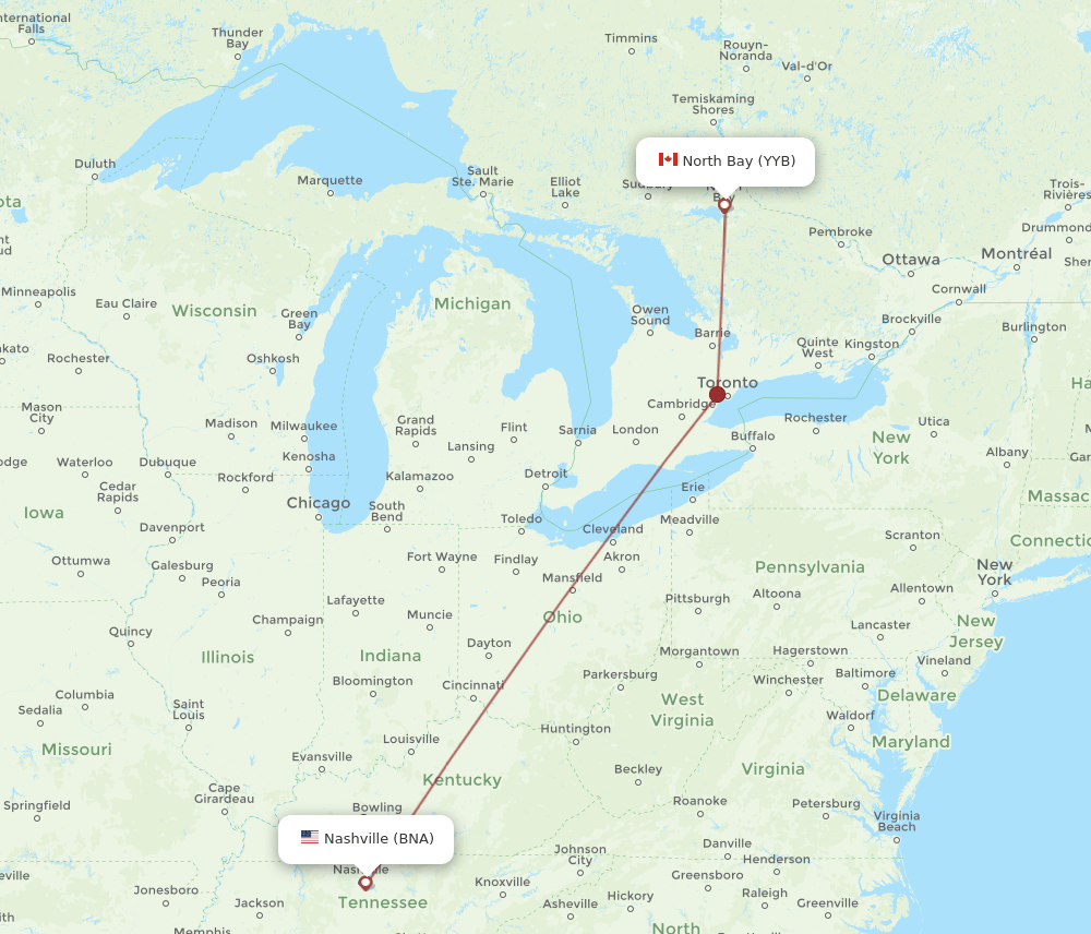 Nashville - North Bay route map and flight paths