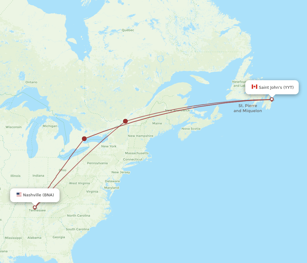 St. John's - Nashville route map and flight paths