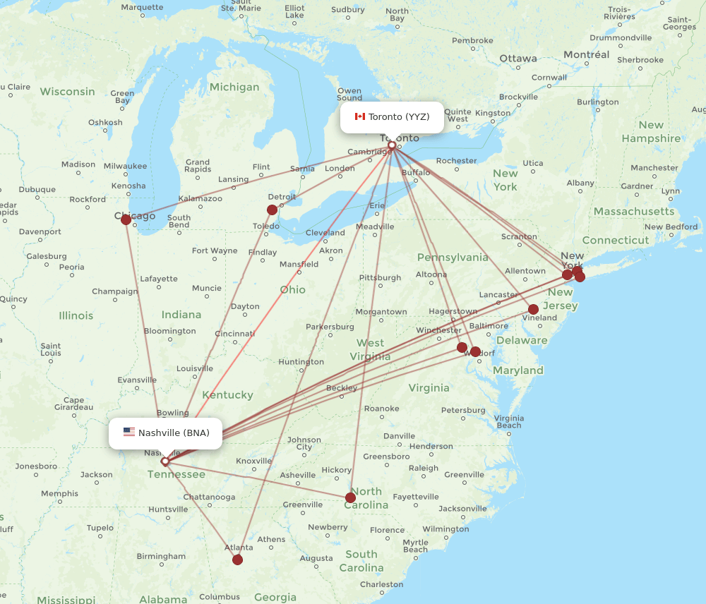 BNA to YYZ flights and routes map