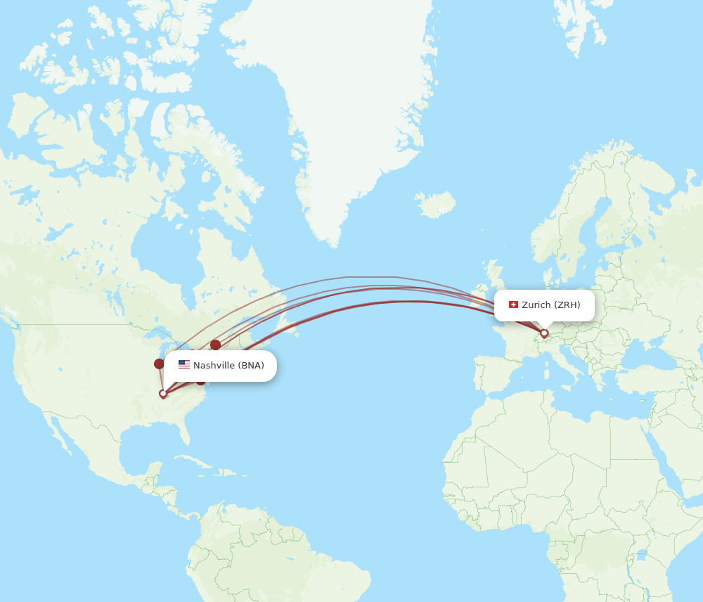 Zurich - Nashville route map and flight paths