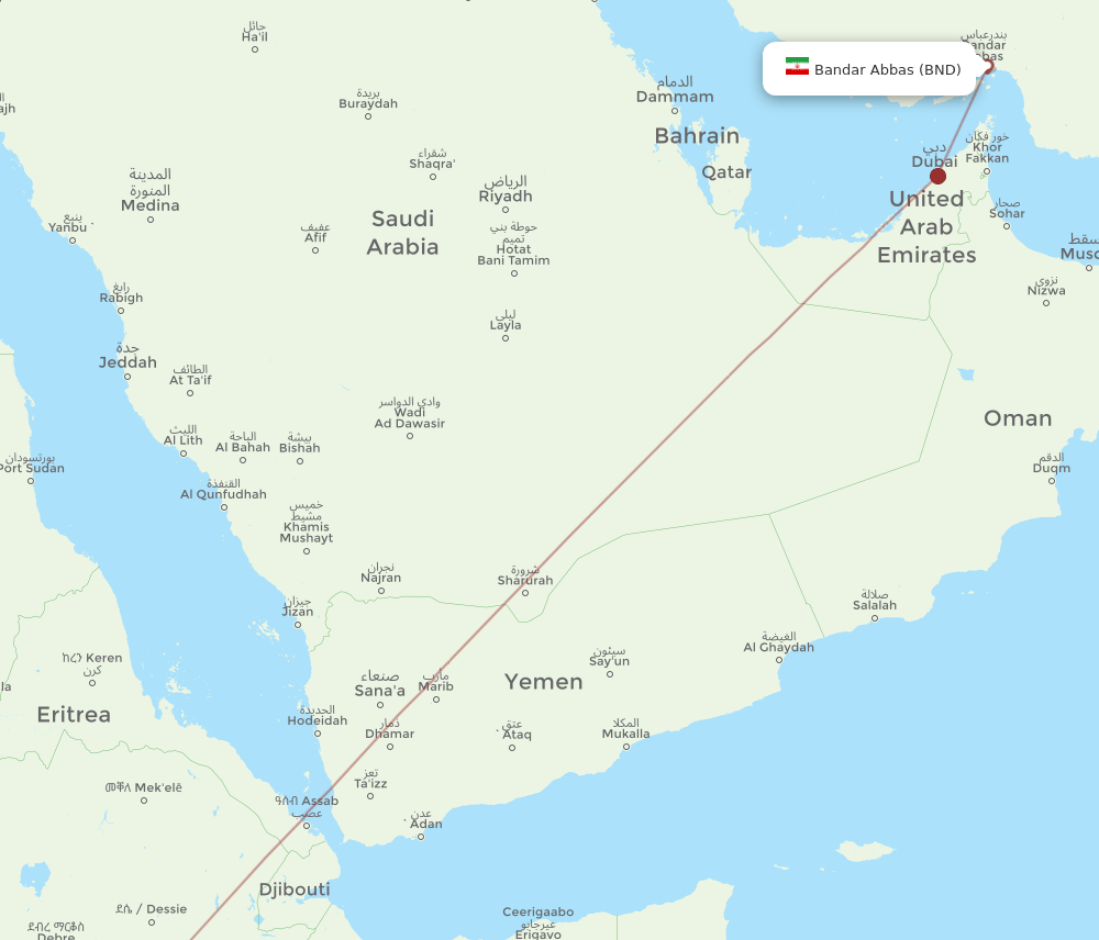 Addis Ababa - Bandar Abbas route map and flight paths