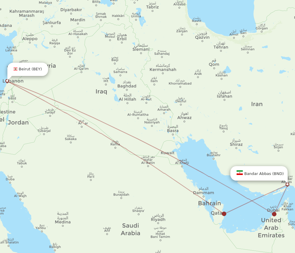 Beirut - Bandar Abbas route map and flight paths