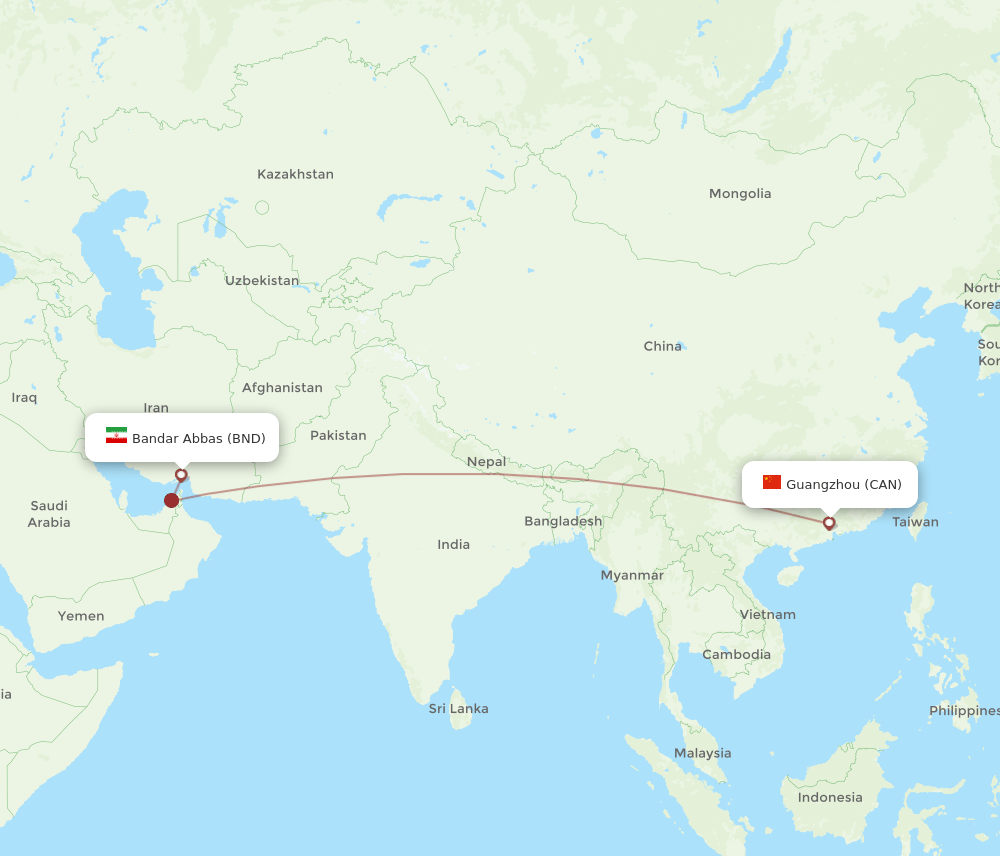 Guangzhou - Bandar Abbas route map and flight paths