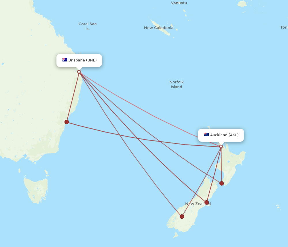 BNE to AKL flights and routes map