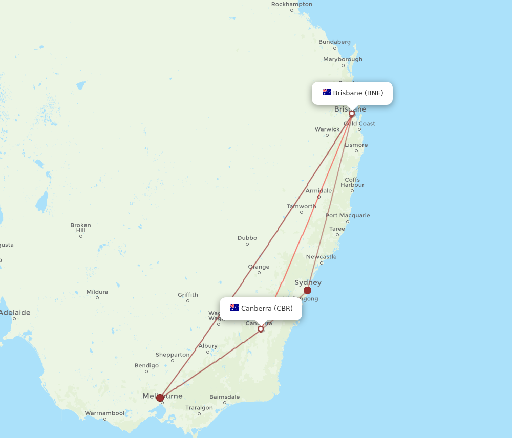 Brisbane - Canberra route map and flight paths