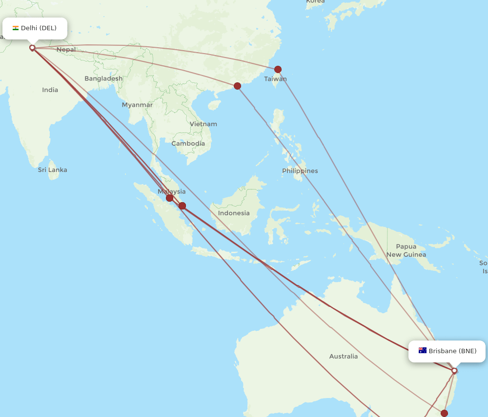 BNE-DEL flight routes