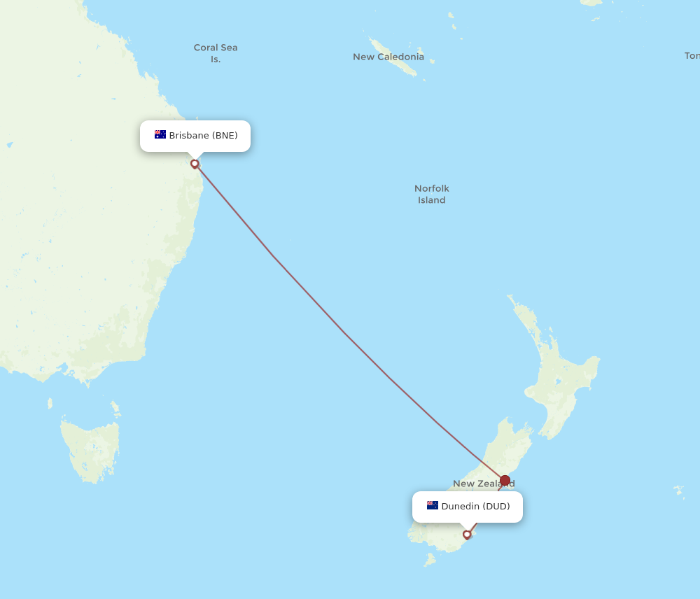 BNE to DUD flights and routes map