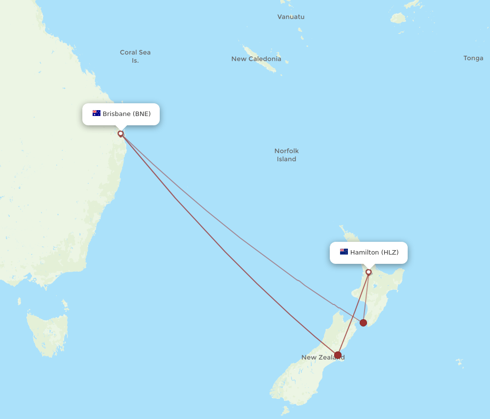 BNE to HLZ flights and routes map