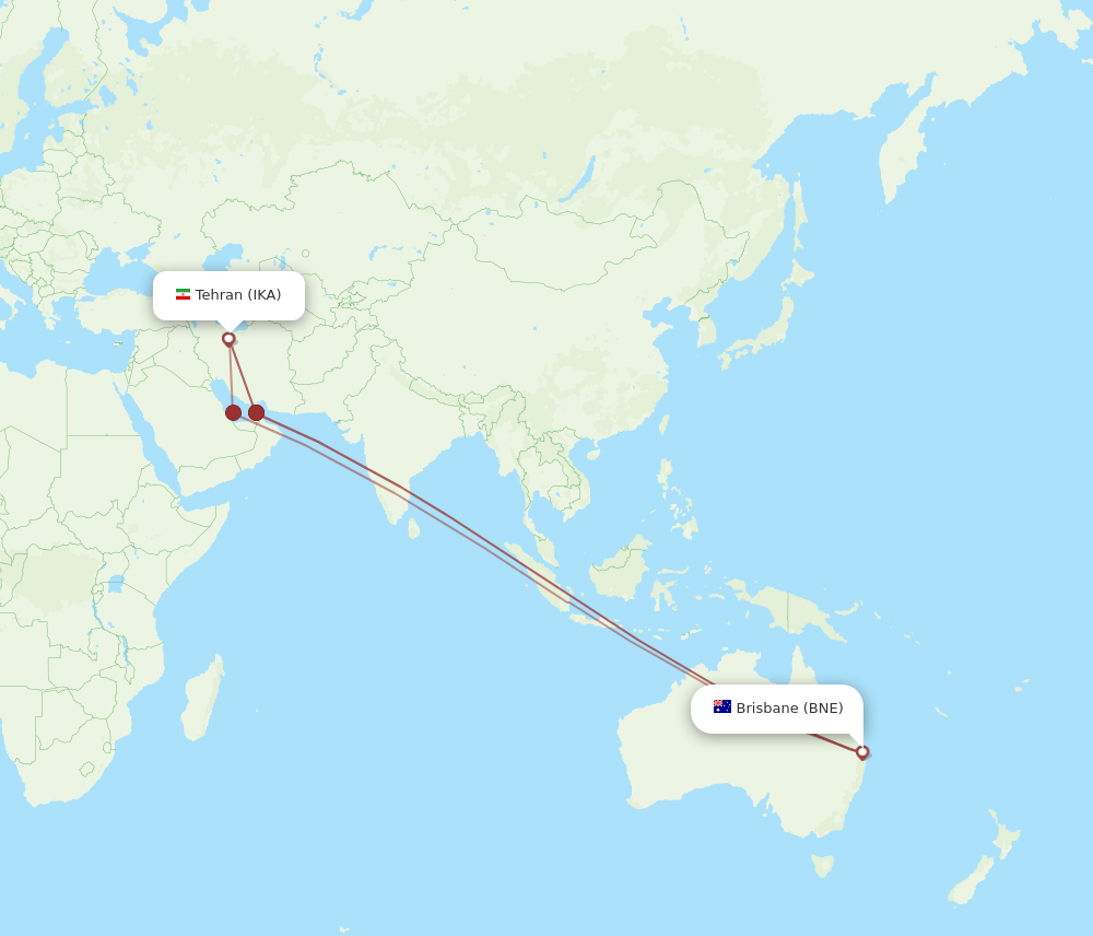 Tehran - Brisbane route map and flight paths
