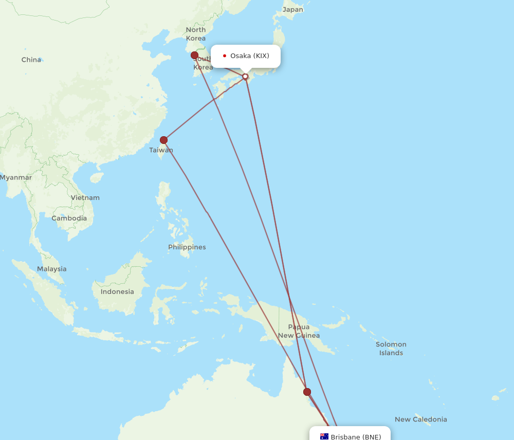 BNE to KIX flights and routes map