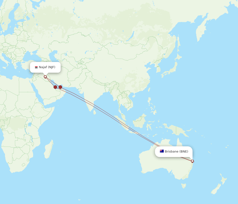 Al-Najaf - Brisbane route map and flight paths