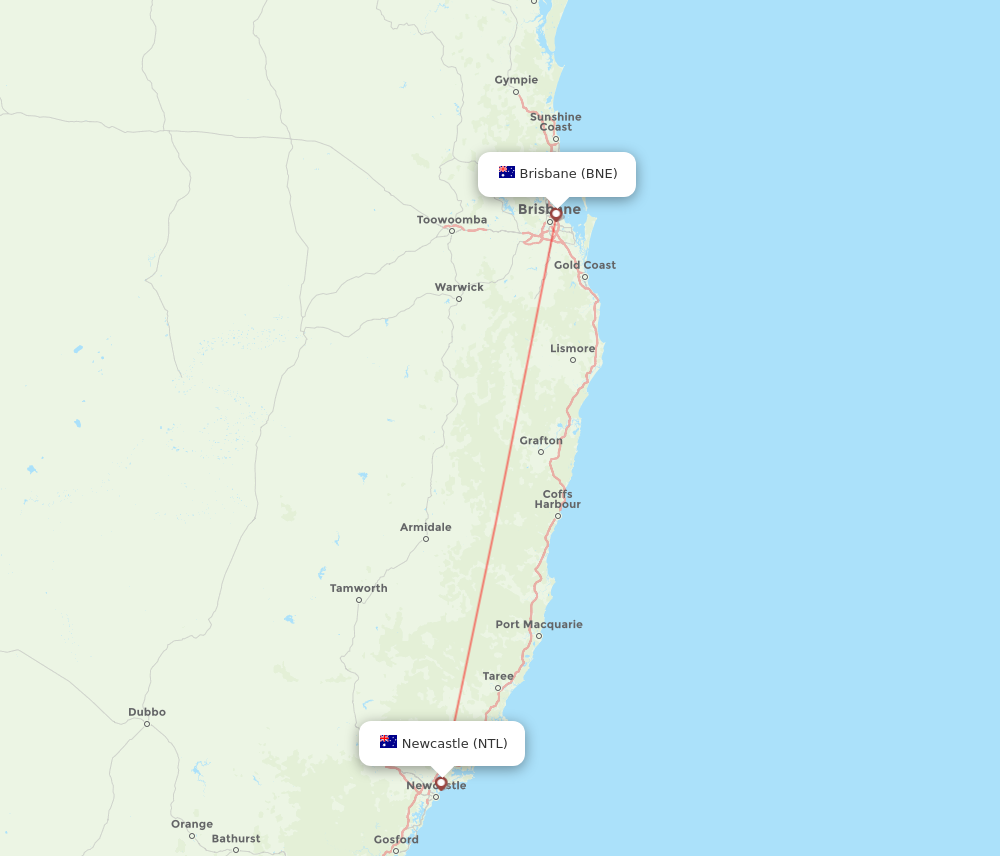 Brisbane - Newcastle route map and flight paths