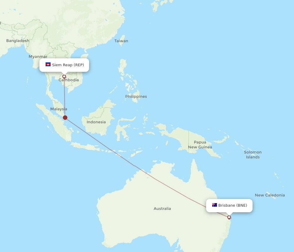 Brisbane - Siem Reap route map and flight paths