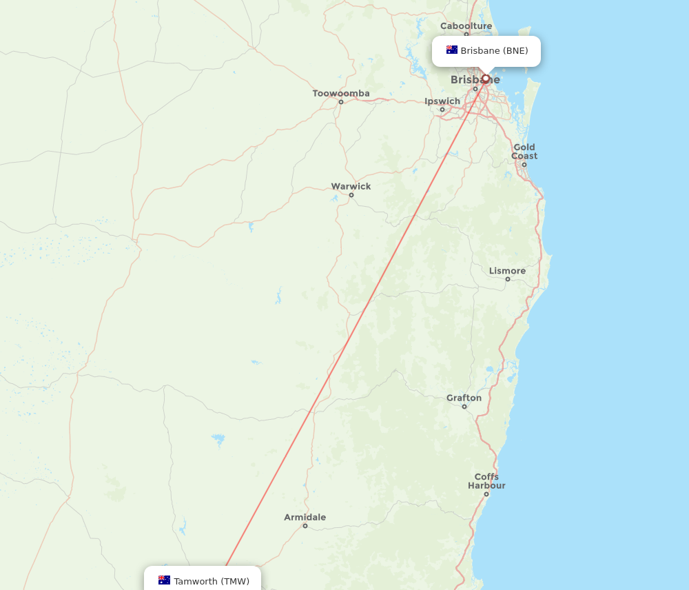 BNE to TMW flights and routes map