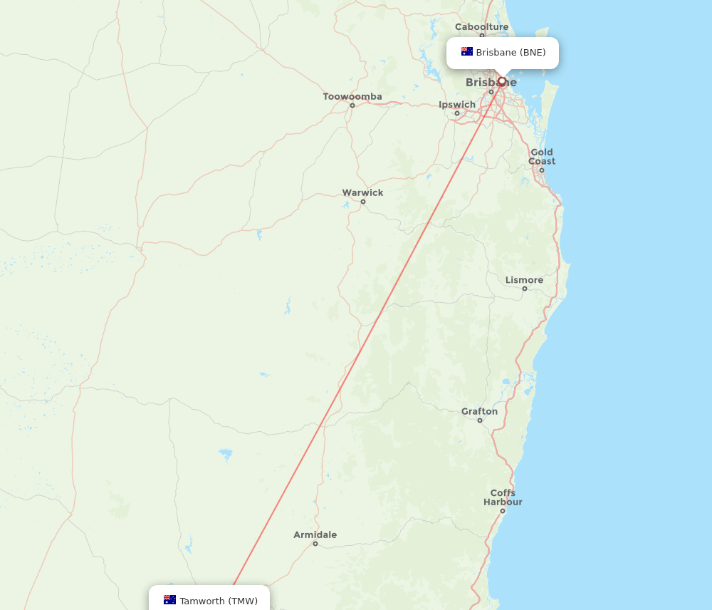 Brisbane - Tamworth route map and flight paths