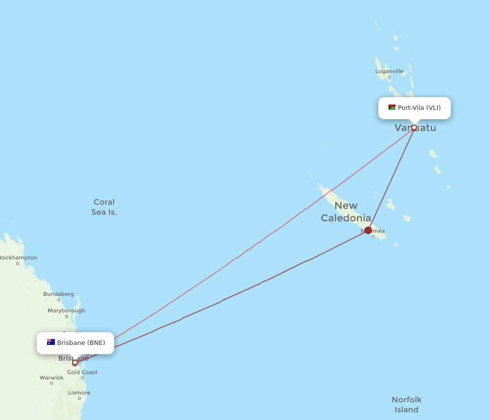 Brisbane - Port Vila route map and flight paths