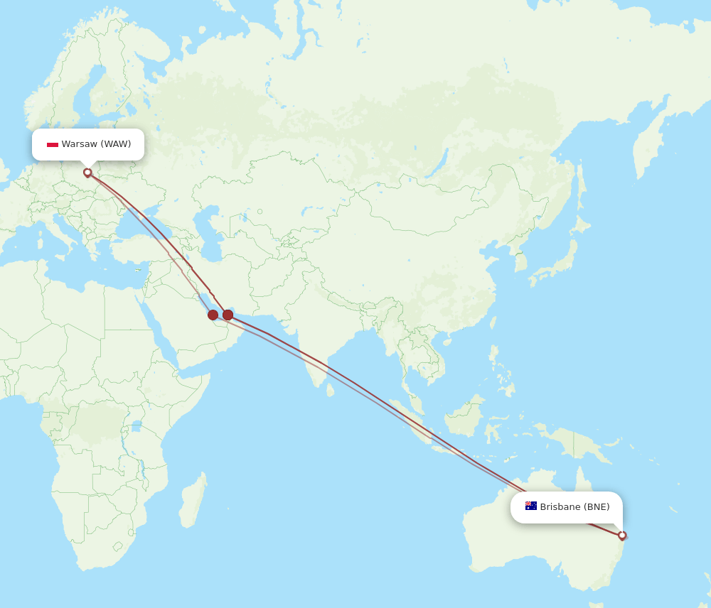 BNE to WAW flights and routes map
