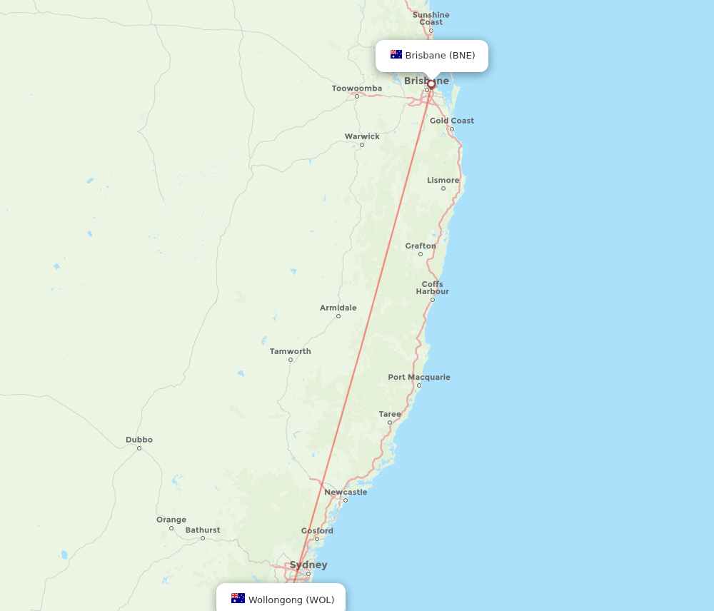 BNE to WOL flights and routes map