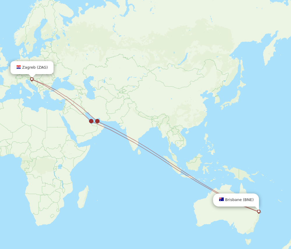 Zagreb - Brisbane route map and flight paths