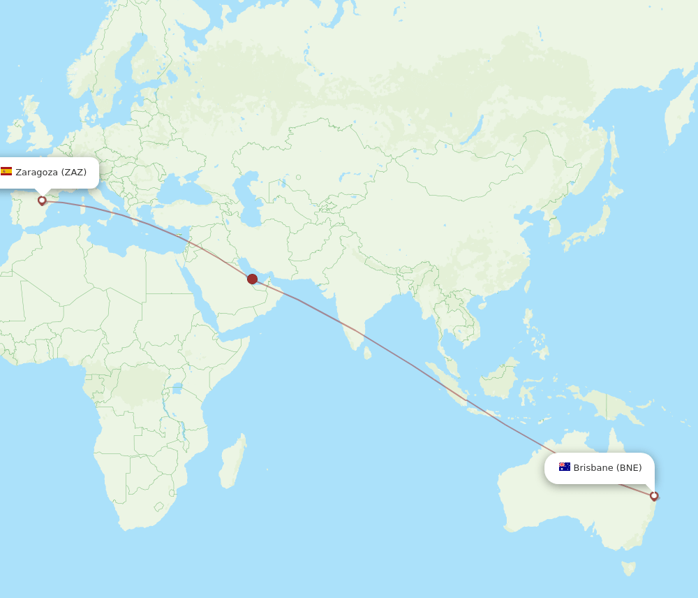 Brisbane - Zaragoza route map and flight paths
