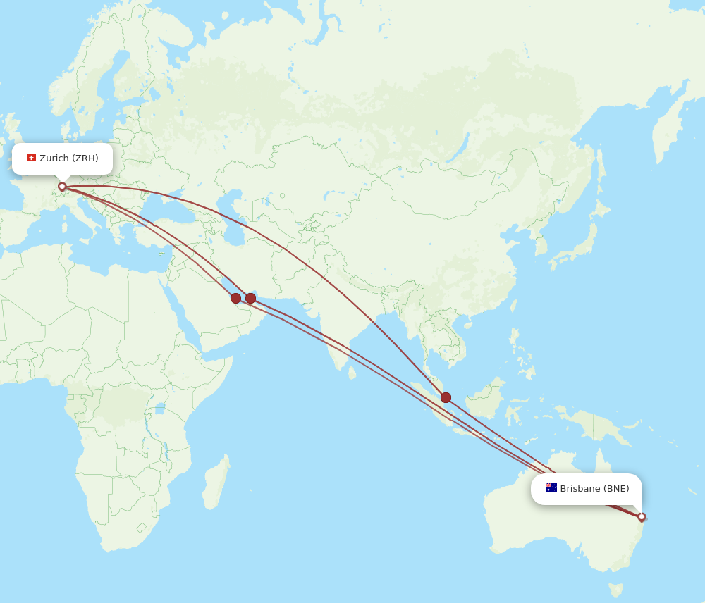 ZRH to BNE flights and routes map