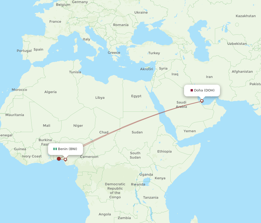 Doha - Benin City route map and flight paths
