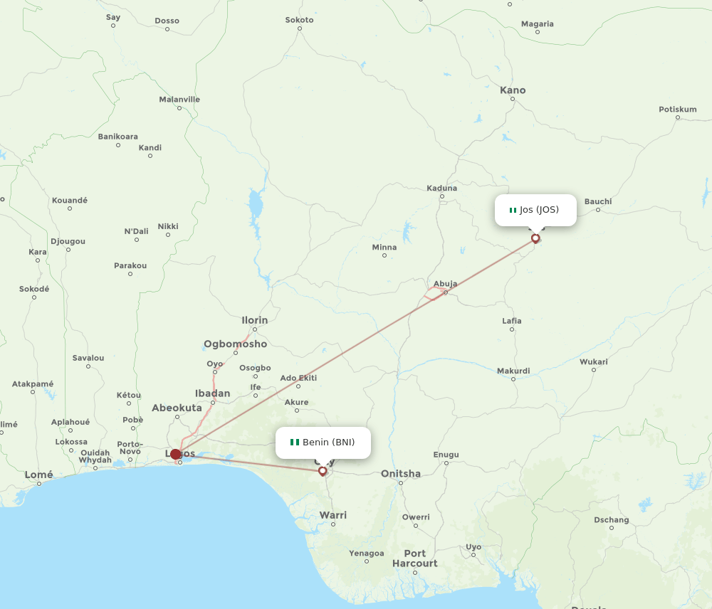 Benin City - Jos route map and flight paths