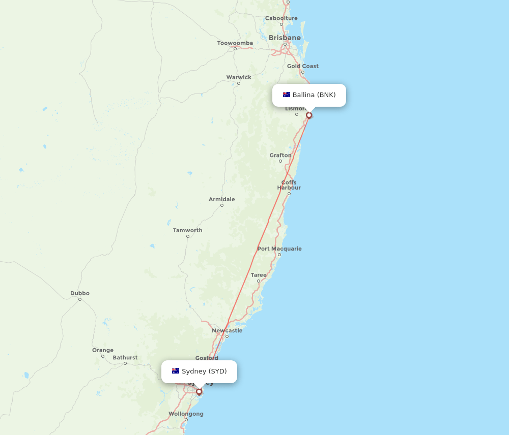 Ballina - Sydney route map and flight paths