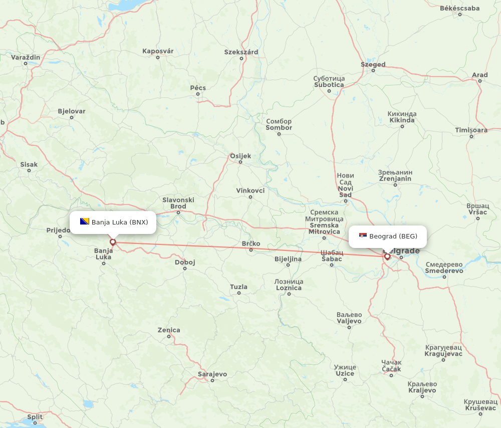 BNX to BEG flights and routes map