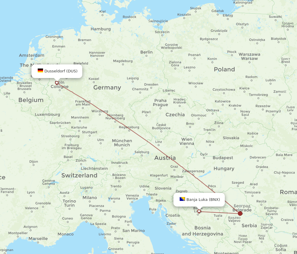 BNX to DUS flights and routes map