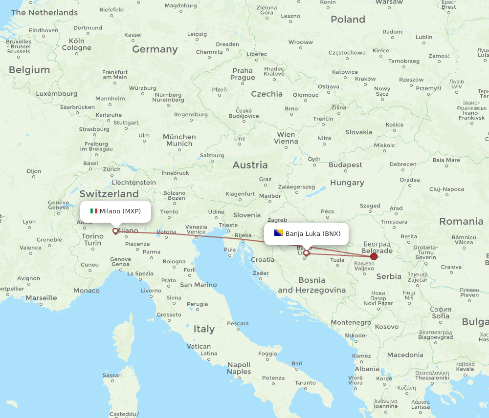 BNX to MXP flights and routes map