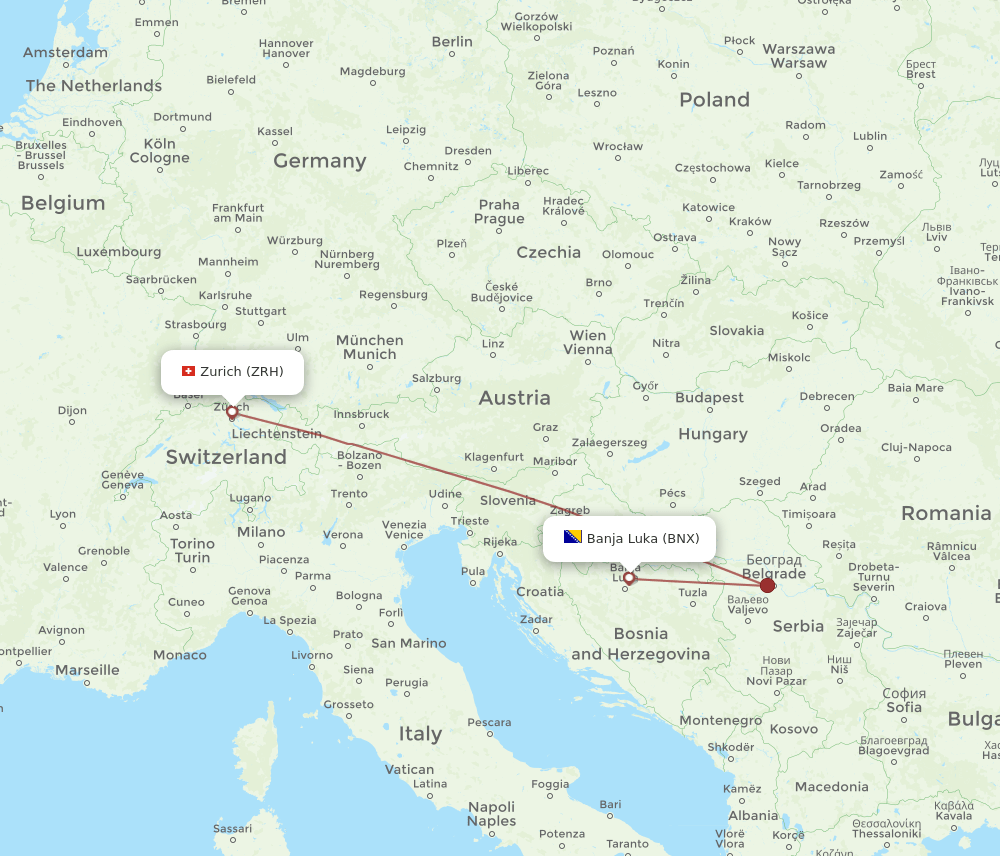 Zurich - Banja Luka route map and flight paths
