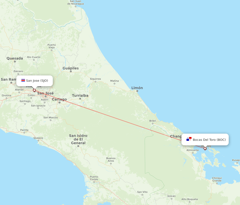 BOC to SJO flights and routes map