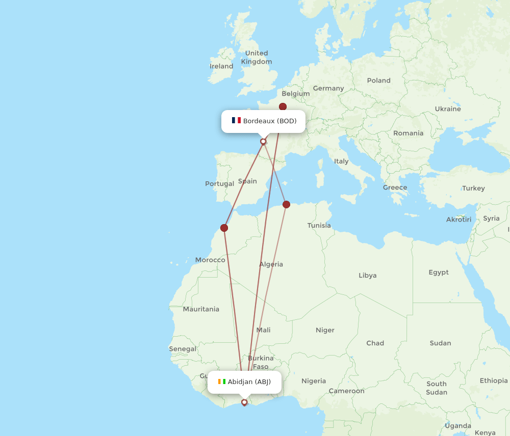 BOD to ABJ flights and routes map