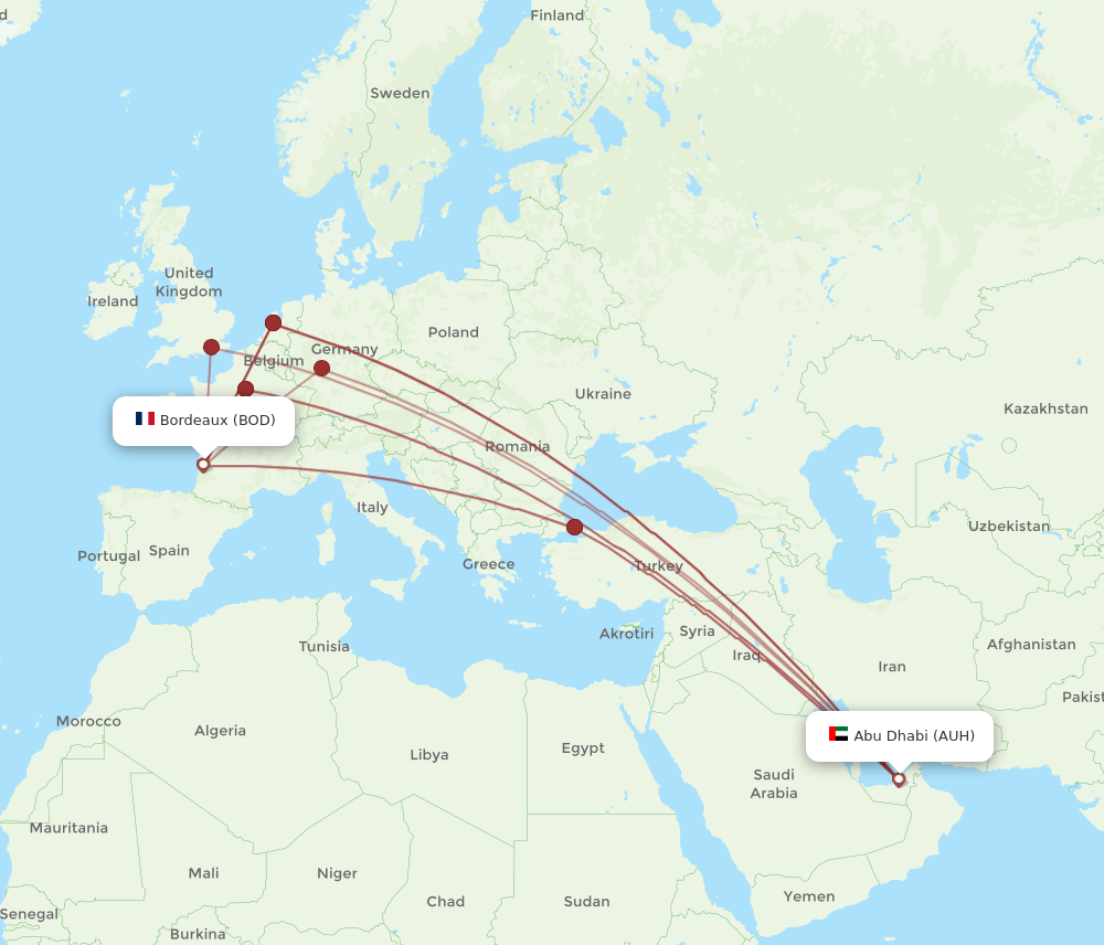 BOD to AUH flights and routes map