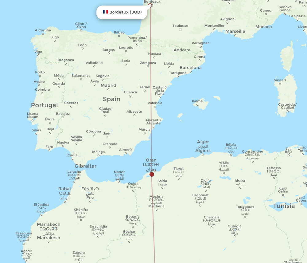 BOD to AZR flights and routes map