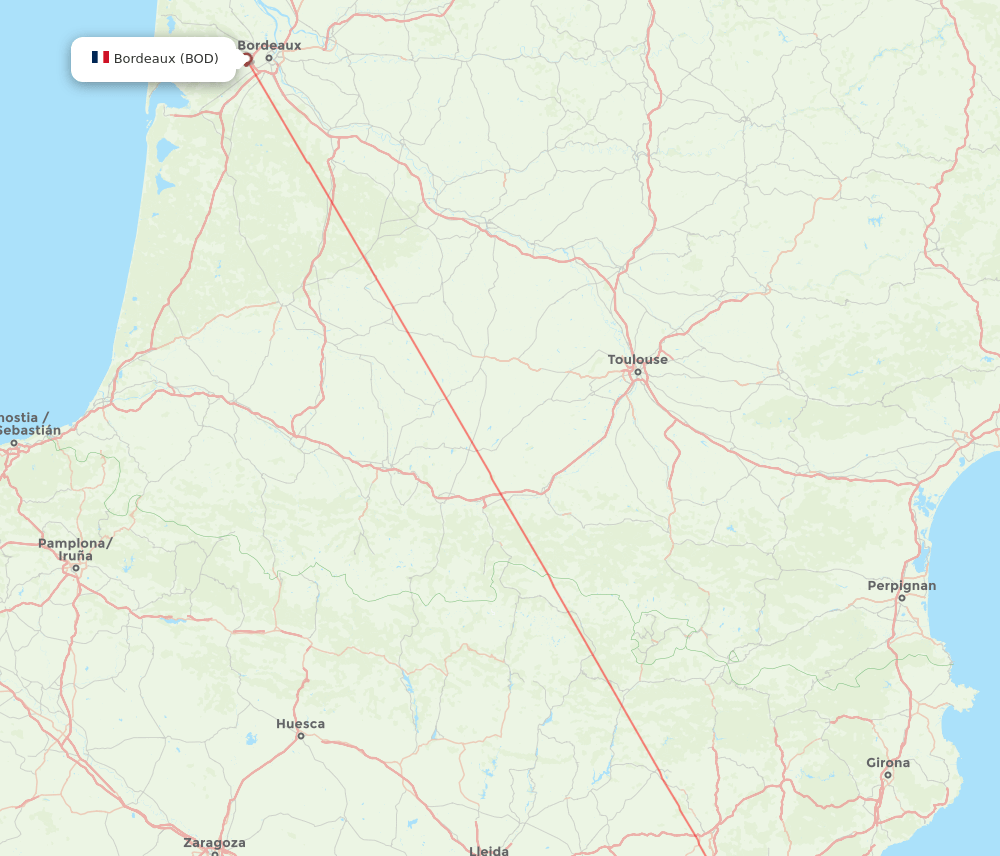 Bordeaux - Barcelona route map and flight paths