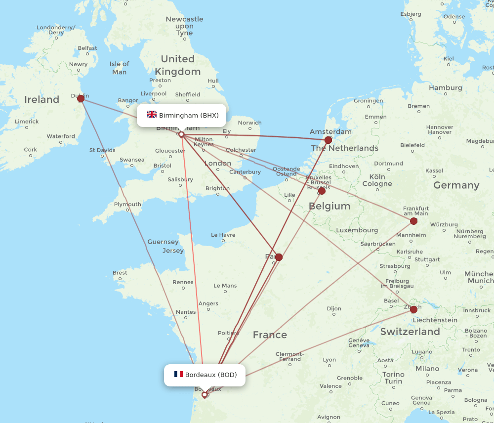 BOD to BHX flights and routes map