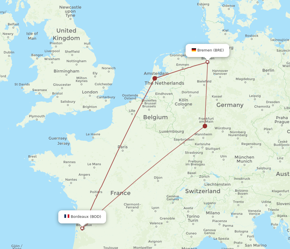 BOD to BRE flights and routes map