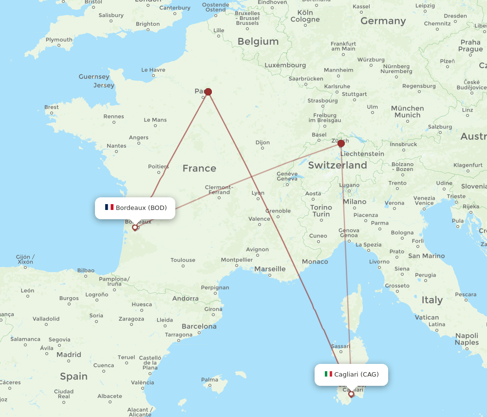 BOD-CAG flight routes