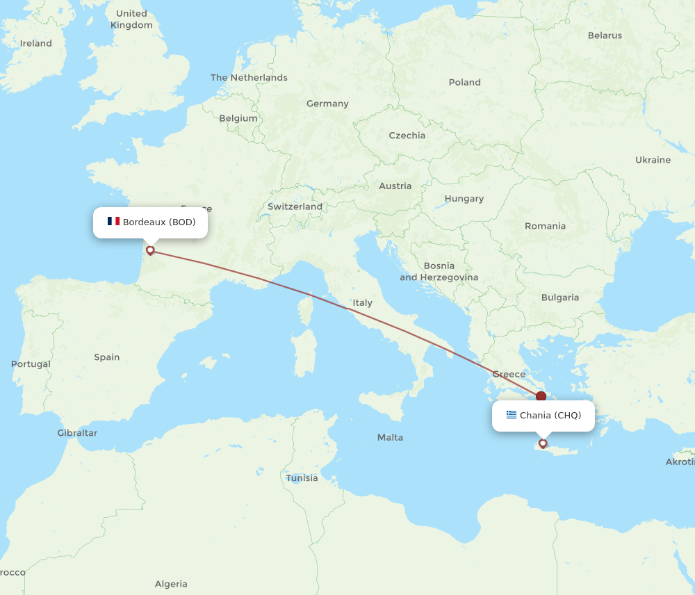 BOD to CHQ flights and routes map
