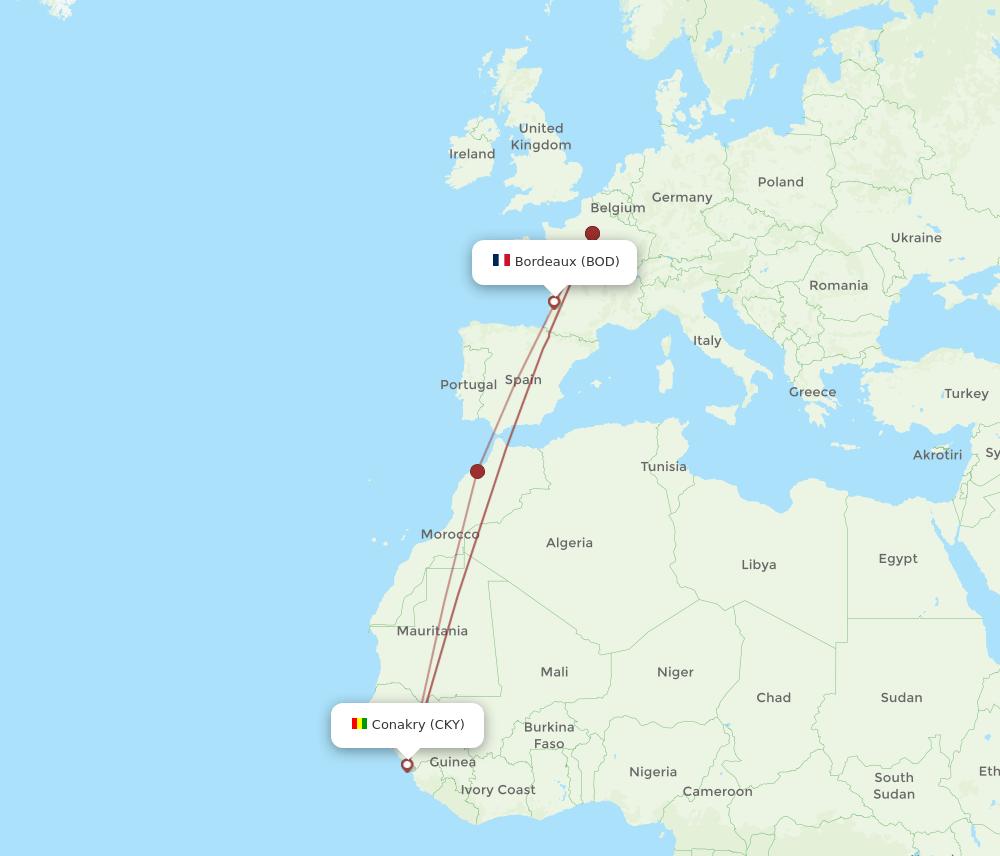 BOD-CKY flight routes